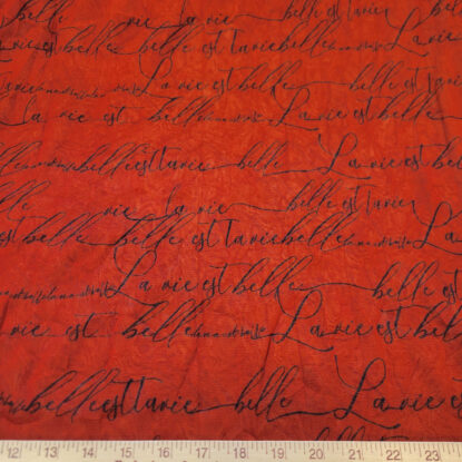 Black Cursive Words on Red-Orange London Stretch Mesh - Soft, Light - Designer