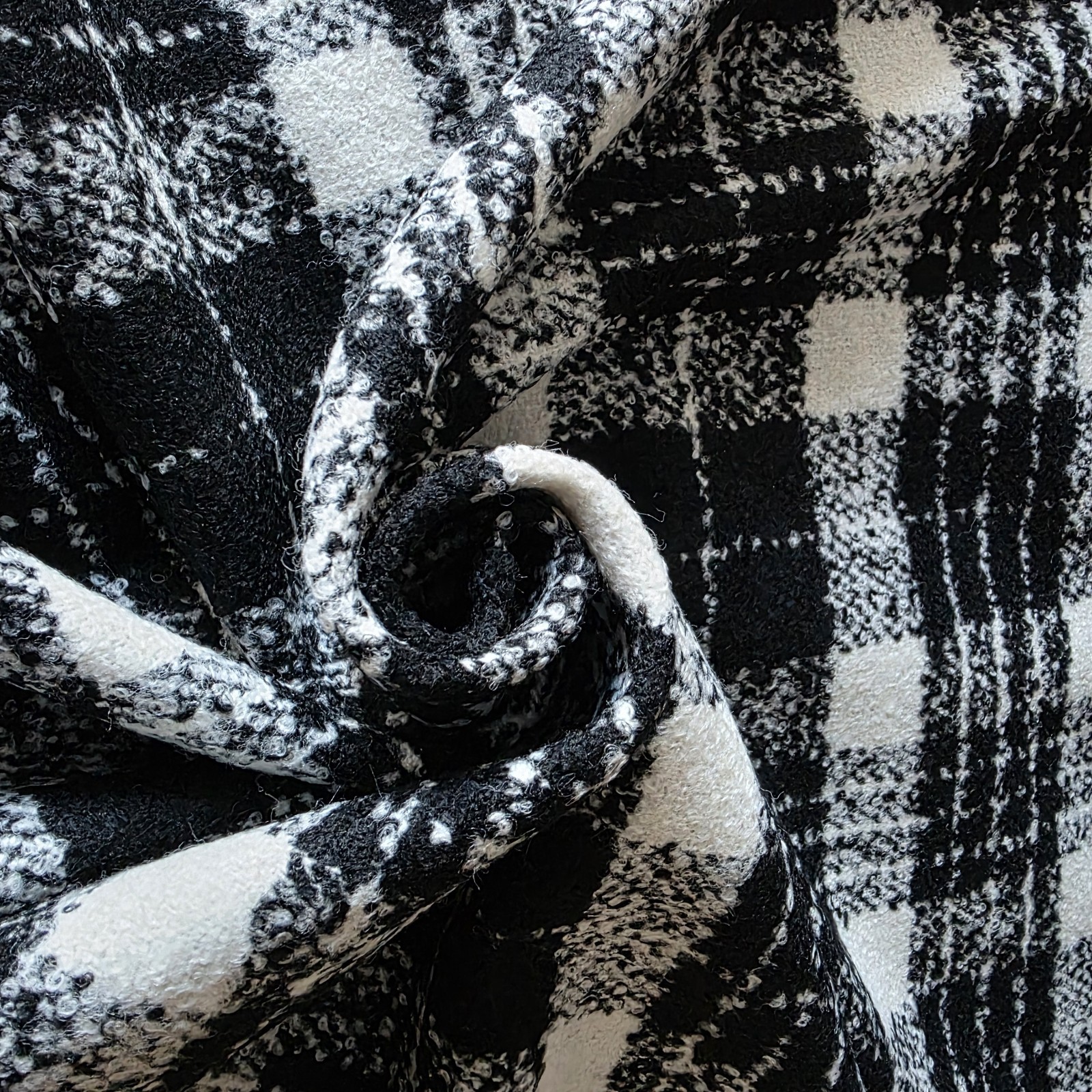 Black, White, Soft Textured Plaid Flat Boucle Suiting from an Italian Designer - Image 4