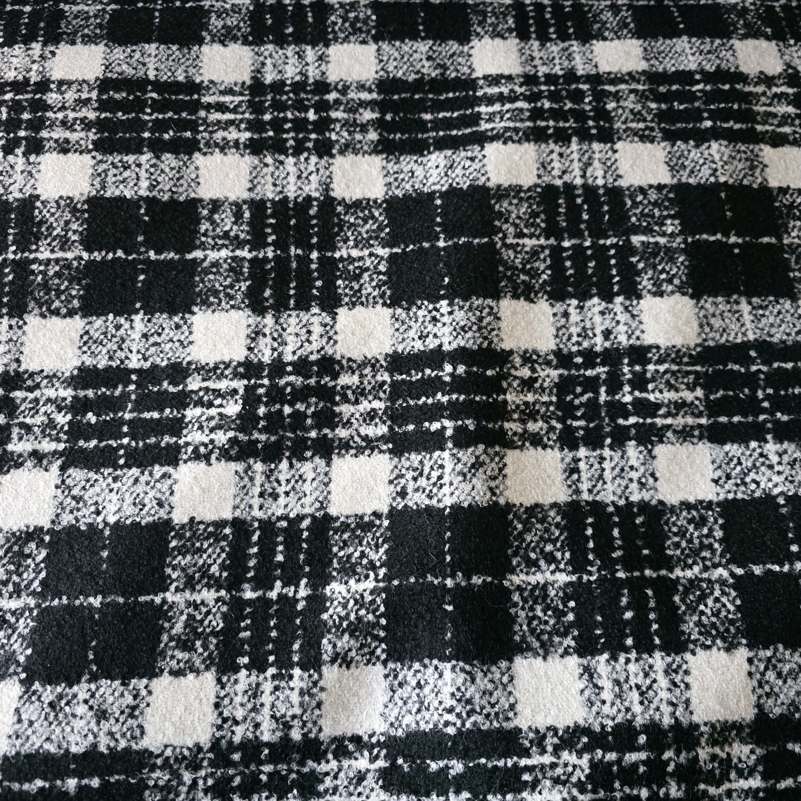 Black, White, Soft Textured Plaid Flat Boucle Suiting from an Italian Designer
