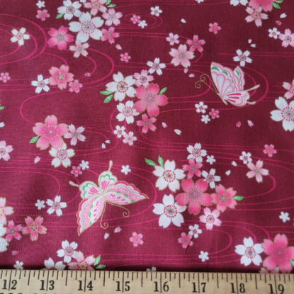 Burgundy Cotton Shirting from Japan, w/ Sakura Flowers, Butterflies, Gold Accent - Image 3