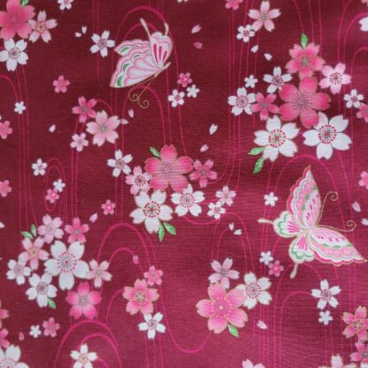 Burgundy Cotton Shirting from Japan, w/ Sakura Flowers, Butterflies, Gold Accent - Image 4