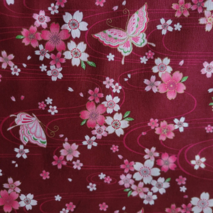 Burgundy Cotton Shirting from Japan, w/ Sakura Flowers, Butterflies, Gold Accent - Image 5