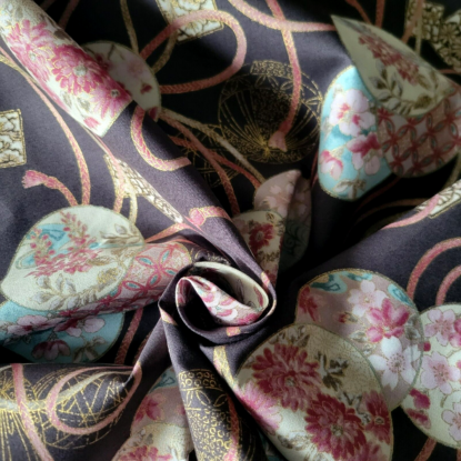 Circles & Ribbons Japanese Floral-Print Gray Cotton Shirting w/ Metallic Gold - Image 3