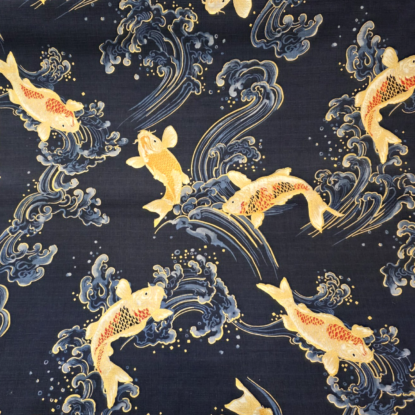 Ivory Koi in Water Waves on Dark Navy Blue Cotton Dobby Shirting - Gold Metallic