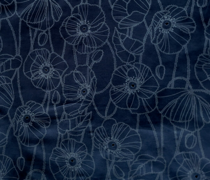 Navy Blue Japanese Cotton Lawn w/ Tonal Sketched Poppies & Eyelet Holes! - Image 3