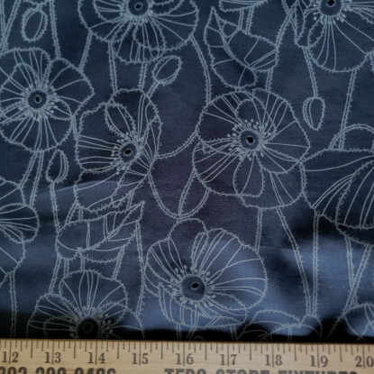 Navy Blue Japanese Cotton Lawn w/ Tonal Sketched Poppies & Eyelet Holes! - Image 5