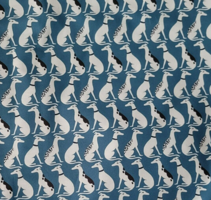 Neat Rows of Seated Whippets/Greyhound Dogs on Teal Blue Cotton Shirting/Quilts