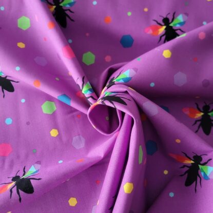 Riley Black "Create" Bee Insects on Purple w/ Colorful Hexies Cotton Shirting - Image 3