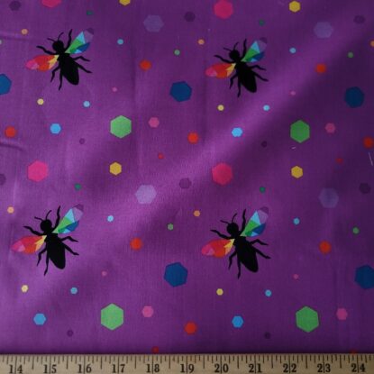 Riley Black "Create" Bee Insects on Purple w/ Colorful Hexies Cotton Shirting - Image 4