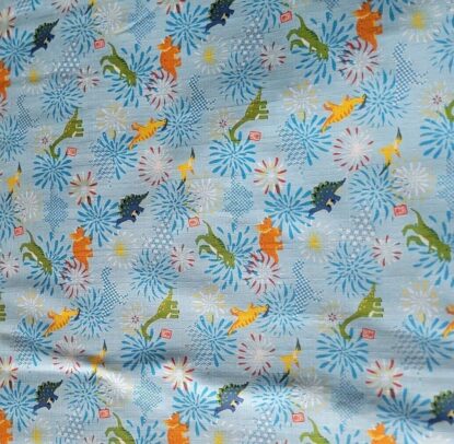 Dinosaurs & Fireworks on Light Blue Japanese Cotton Dobby Shirting - So Cute! - Image 4