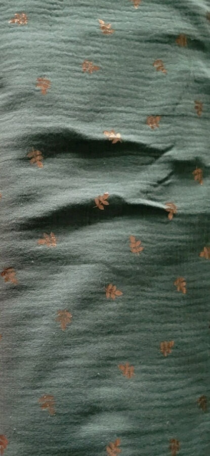 Dusty Teal Organic Cotton Double-Gauze w/ Small Copper Foil Leaves - 3 COLORS