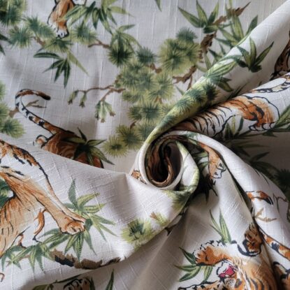 Ferocious Tigers in Pine & Bamboo on Beige Japanese Cotton Dobby Shirting - Image 4
