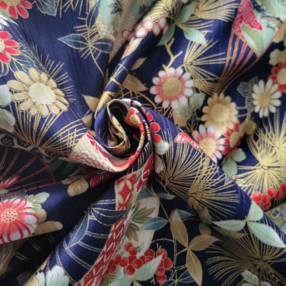 Flowers, Fans, Pine, Berries, on Dark Navy/Gold Japanese Cotton Dobby Shirting - Image 3