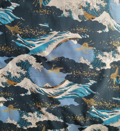 Hokusai Great Wave in Blues w/ Metallic Gold Cranes on Japanese Cotton Shirting - Image 3