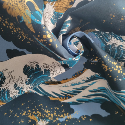 Hokusai Great Wave in Blues w/ Metallic Gold Cranes on Japanese Cotton Shirting - Image 4