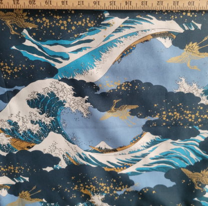 Hokusai Great Wave in Blues w/ Metallic Gold Cranes on Japanese Cotton Shirting