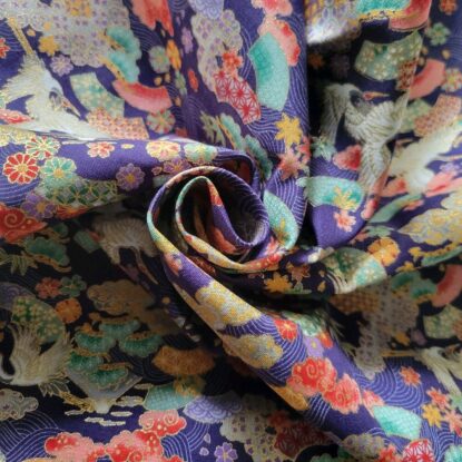 Indigo Japanese Cotton Shirting Lavished w/ Gold & Tiny Print of Cranes, Flowers - Image 3