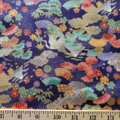 Indigo Japanese Cotton Shirting Lavished w/ Gold & Tiny Print of Cranes, Flowers - Image 4