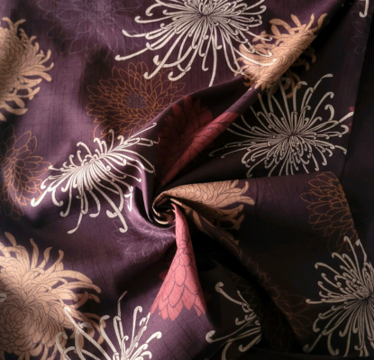 Beautiful Chrysanthemums on Deep Plum Purple Japanese Cotton Dobby Shirting - Image 3