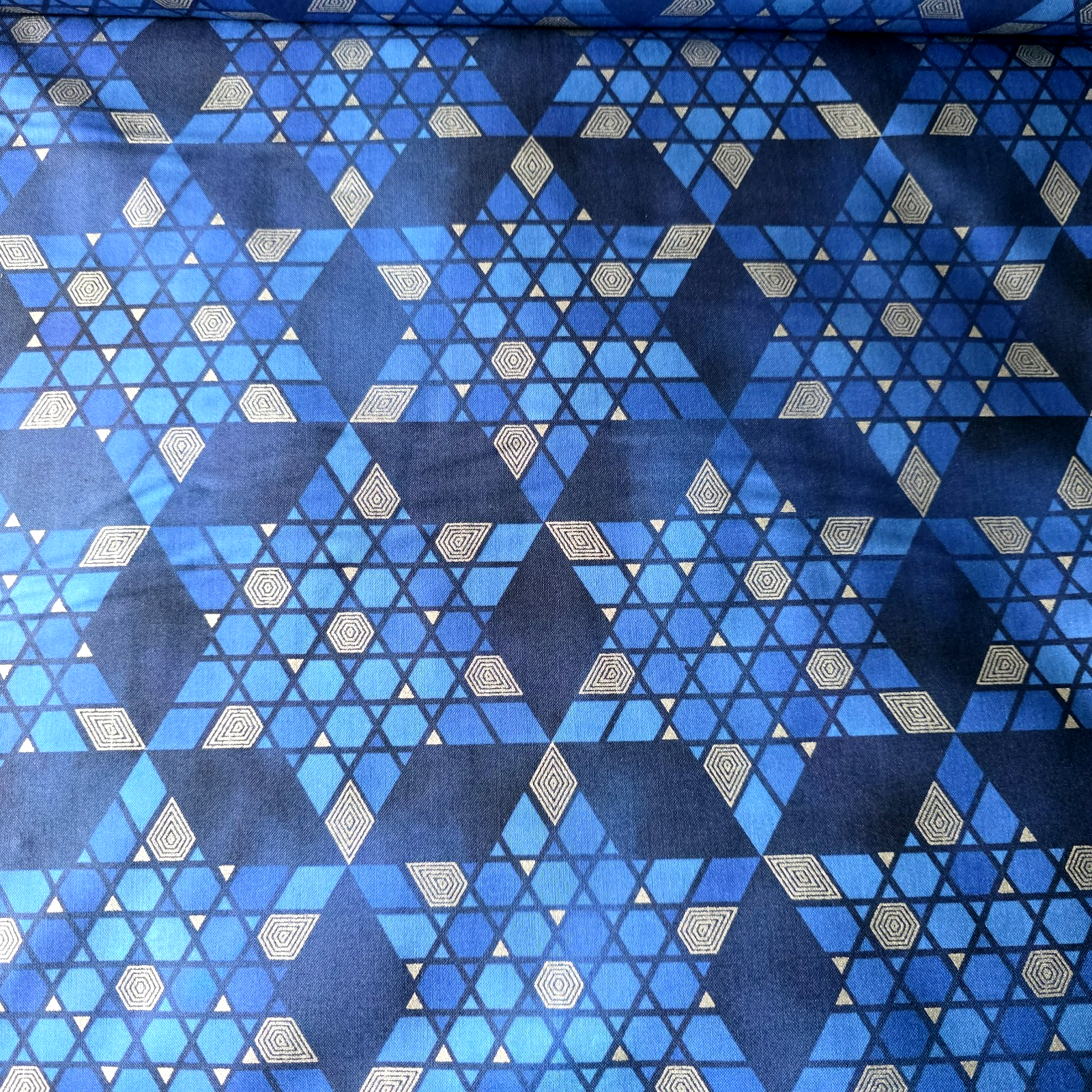 Blue & Silver 6-Pointed Star of David Geometric Cotton Print for Quilts/Shirts