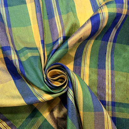 Blue/Green/Yellow Jewel-Tone Uneven Plaid Silk Dupioni!! Gorgeous!