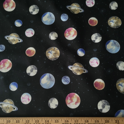 Colored Planets & Gray Constellations on Black Cotton Shirting - from Japan - Image 3