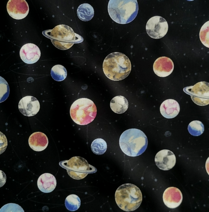 Colored Planets & Gray Constellations on Black Cotton Shirting - from Japan