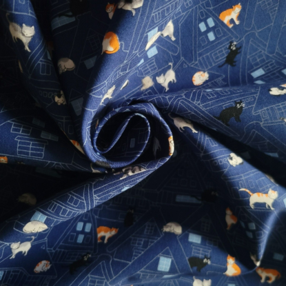 Cute Kitty Cats Perched on Roofs on Navy Blue Japanese Cotton Shirting - Image 3