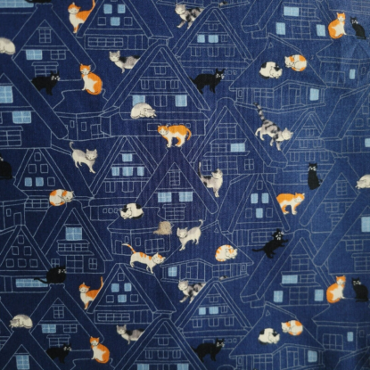 Cute Kitty Cats Perched on Roofs on Navy Blue Japanese Cotton Shirting - Image 4