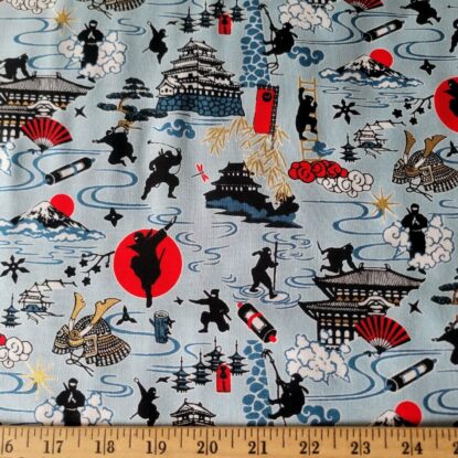 Japanese Ninjas & Castles w/Gold Metallic Sky Blue Cotton Shirting - 3 COLORS! - Image 3