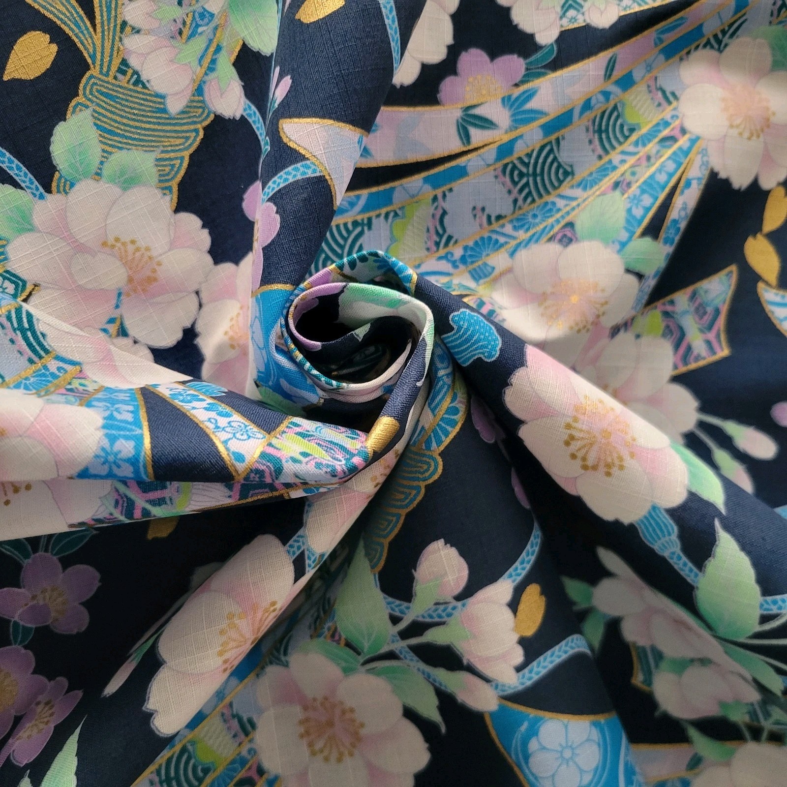 Noshi Ribbons & Flowers on Blue/Gold Japanese Cotton Lightly-Textured Shirting - Image 3