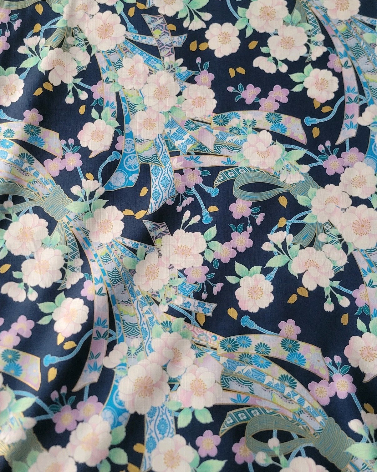 Noshi Ribbons & Flowers on Blue/Gold Japanese Cotton Lightly-Textured Shirting - Image 4