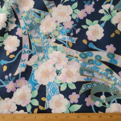 Noshi Ribbons & Flowers on Blue/Gold Japanese Cotton Lightly-Textured Shirting