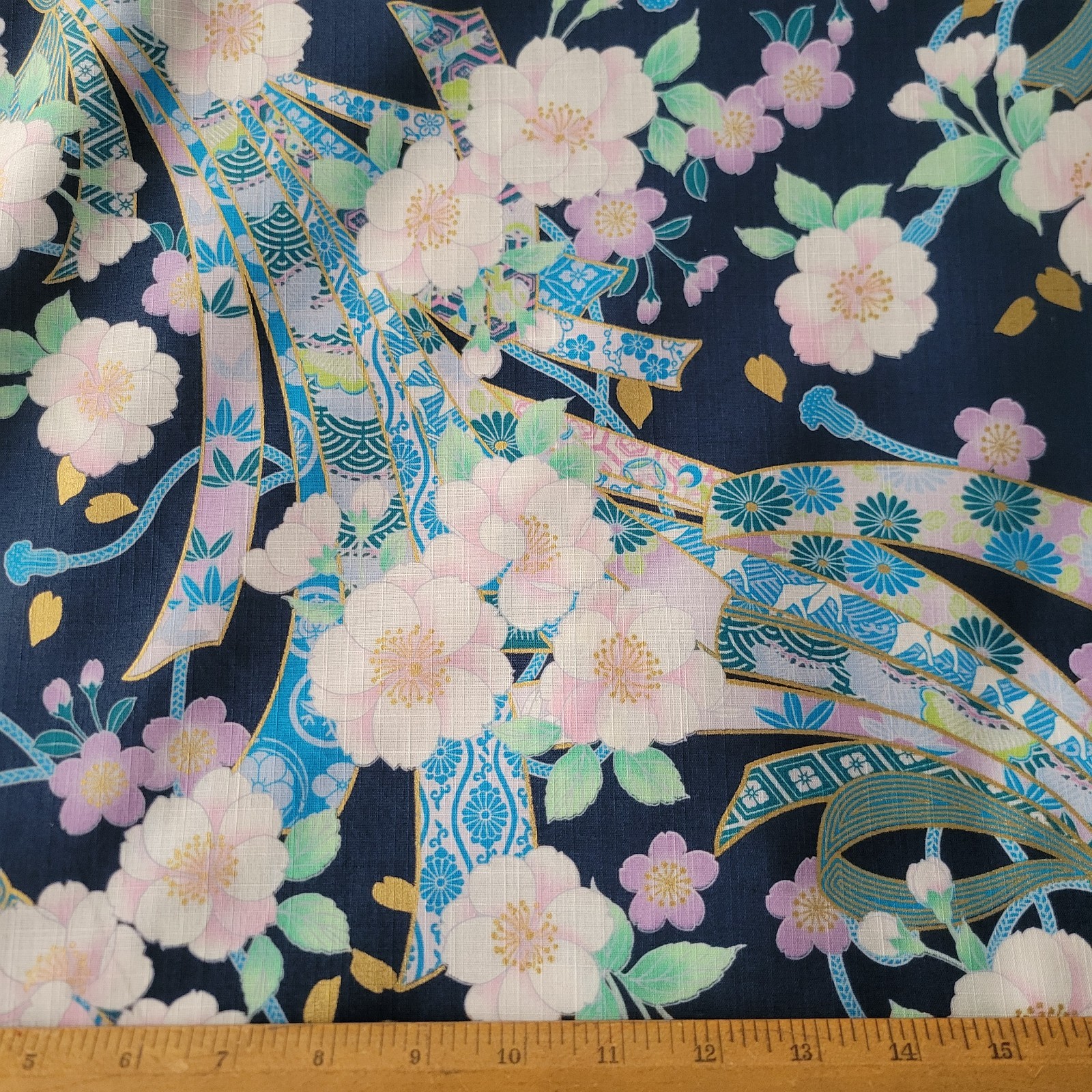 Noshi Ribbons & Flowers on Blue/Gold Japanese Cotton Lightly-Textured Shirting