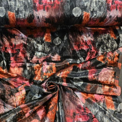 Reds, Oranges, Black, Gray, Graffiti-Print Stretch Velveteen - Soft, Rich