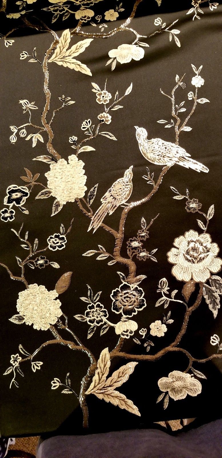 Spectacular Black Gold Chinoiserie Jacquard Birds And Branches