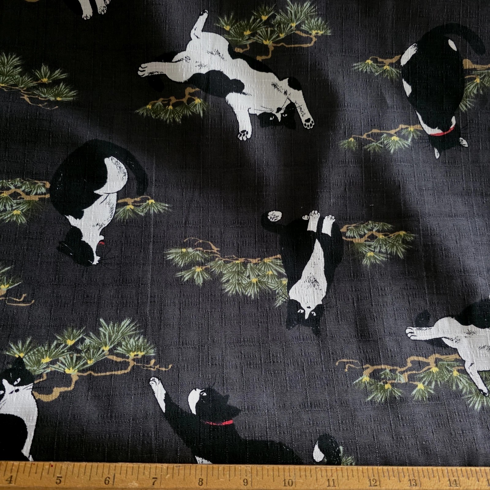 Tuxedo Cats in Black/White in Pine on Black Japanese Cotton Dobby Shirting - Image 3