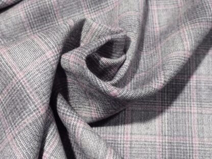 Very Fine Italian Pure Wool Suiting - Gray, White, Plaid with Pink-Red Stripe