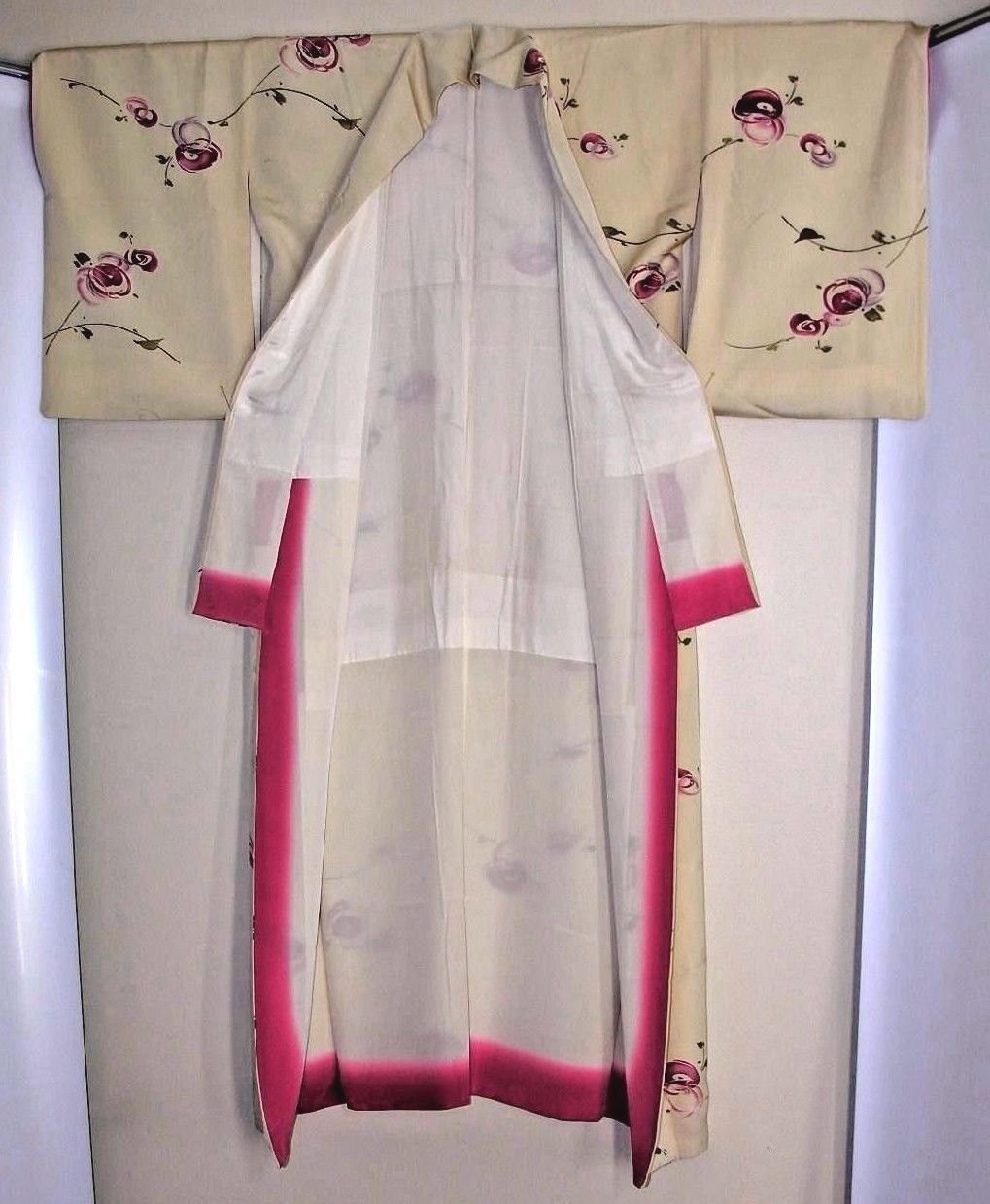 Vintage Woman's Kimono with Swirly Roses Pattern and Ombre-Dyed 