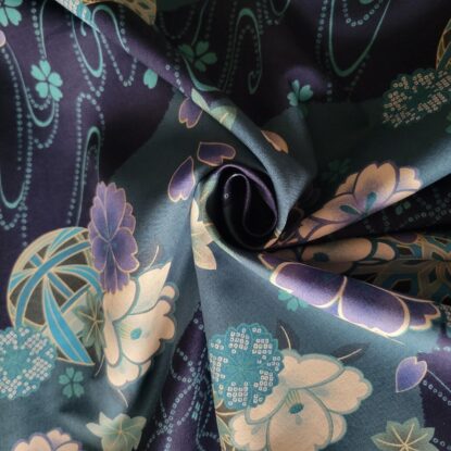 Blues/Teals Traditional Japanese Floral-Print Cotton Shirting w/ Waves - Image 3