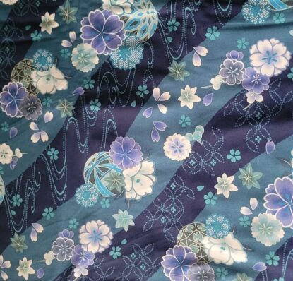 Blues/Teals Traditional Japanese Floral-Print Cotton Shirting w/ Waves - Image 4