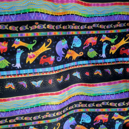 Butterflies/Cats Stripe w/ Gold on Black  Cotton - Fantasticats by Laurel Burch