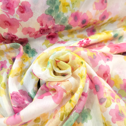Colorful Crinkle Chiffon w/ Watercolor Spring Floral  - Designer Overstock!