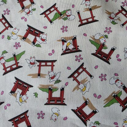 Japanese Fox Spirit with Torii Gates Tossed on Cream Light Cool Cotton Shirting