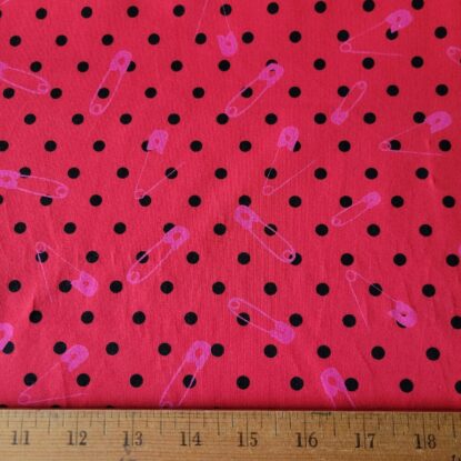 Red w/ Black Dots, Pink Safety Pins on Cotton Jersey Knit - Mod, Chic, OEKO-TEX - Image 4