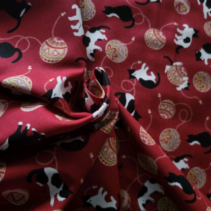 Tuxedo Cats & Temari Balls w/ Ropes on Burgundy Cotton Shirting - from Japan - Image 3