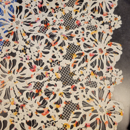 White Floral Guipure Lace w/ Colored Flecks - Shaped Edges - Monique Lhuillier!