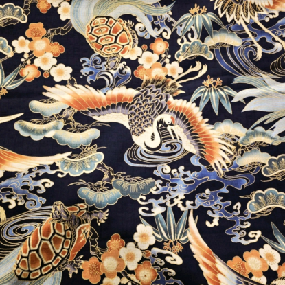 Cranes, Tortoises, on Navy Blue Japanese Cotton Dobby Shirting w/ Gold Metallic