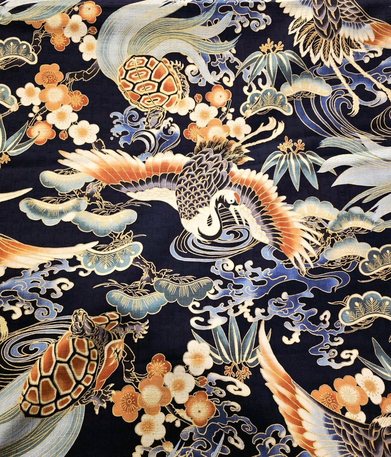Cranes, Tortoises, on Navy Blue Japanese Cotton Dobby Shirting w/ Gold Metallic