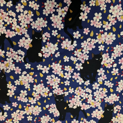 Japanese Sakura & Black Cats on Dark Blue Cotton Shirting w/ Metallic Gold